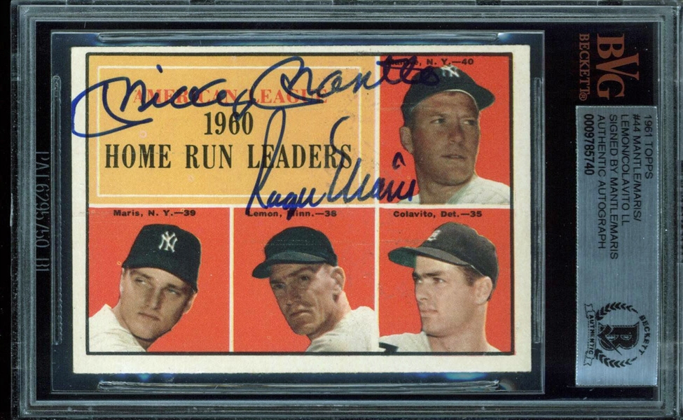 Mickey Mantle & Roger Maris Dual-Signed 1961 Topps AL Home Run Baseball Card (BAS/Beckett Encapsulated)