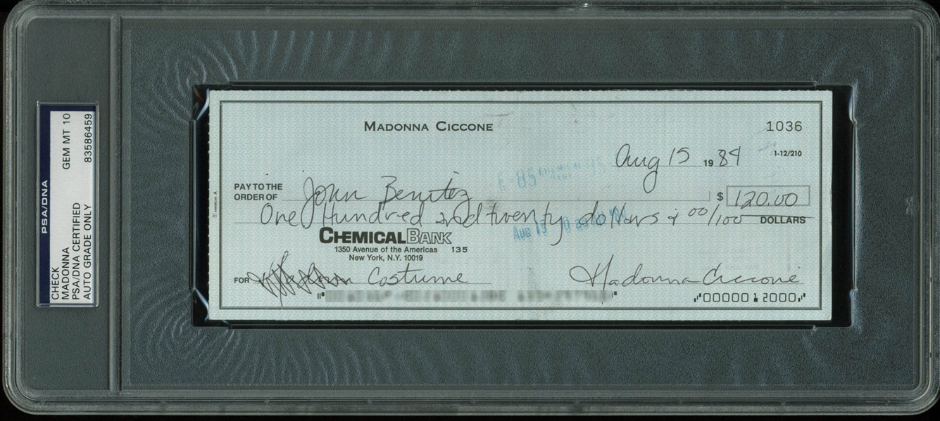 Madonna Ultra-Rare Handwritten & Signed Bank Check from 1984 - PSA/DNA Graded GEM MINT 10!
