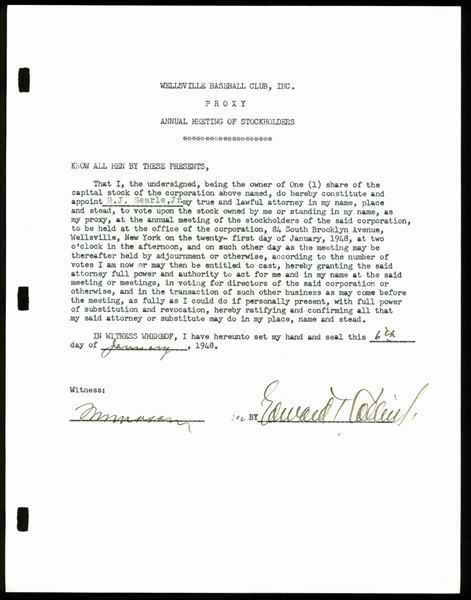 Eddie Collins Signed 1948 Stockholder Proxy Document (BAS/Beckett)