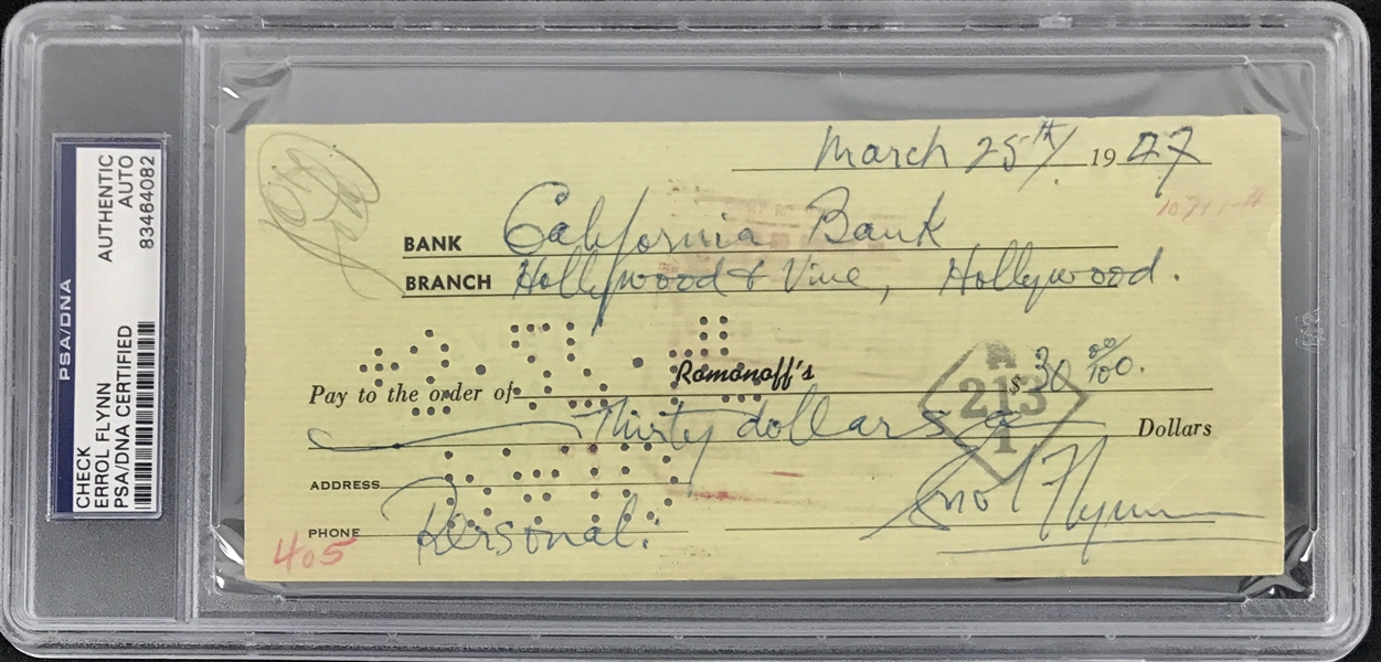 Errol Flynn Signed Vintage Bank Check c. 1947 (PSA/DNA Encapsulated)