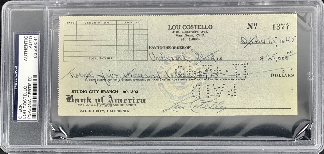 Lou Costello Signed Bank Check Payable to Universal Studios for $25,000 (PSA/DNA Encapsulated)