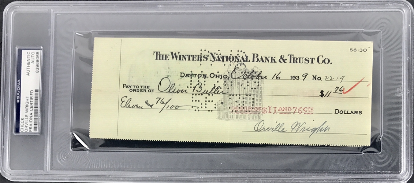Orville Wright Superb Signed Bank Check (1939)(PSA/DNA Encapsulated)