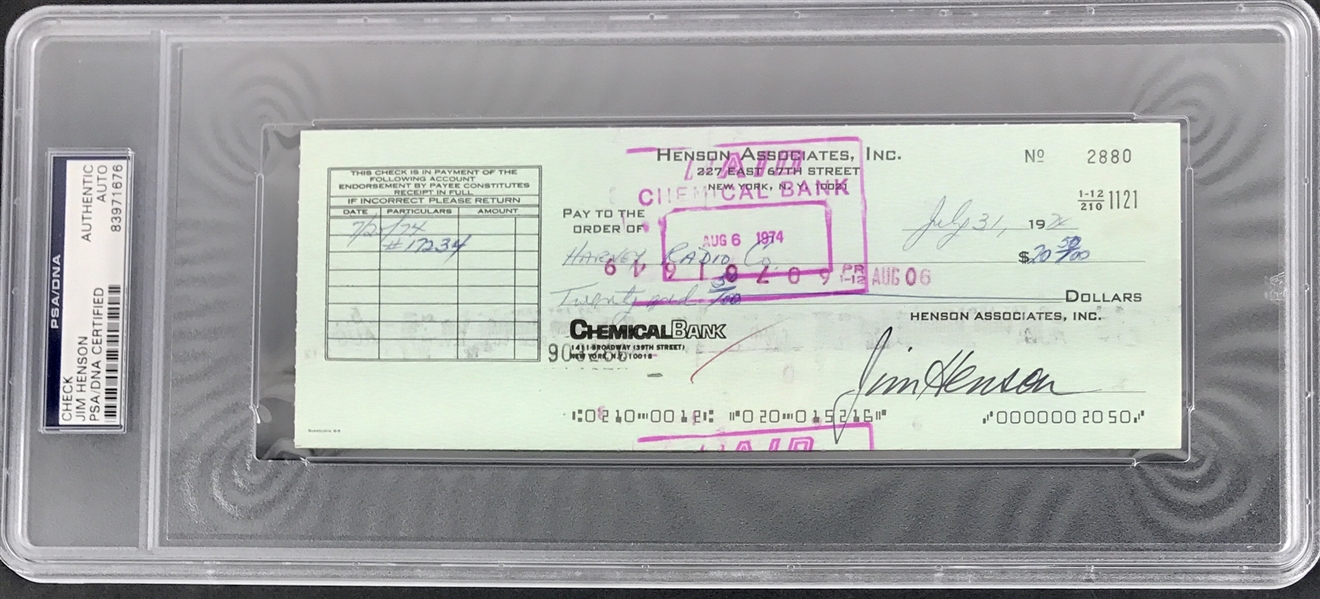 Muppets: Jim Henson Signed Business Bank Check (PSA/DNA Encapsulated)