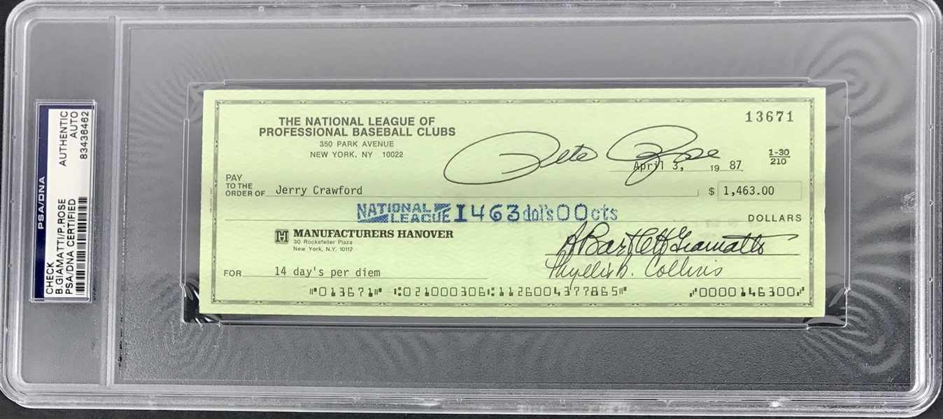 Bart Giamatti & Pete Rose Dual Signed National League Check c.1987 (PSA/DNA Encapsulated)