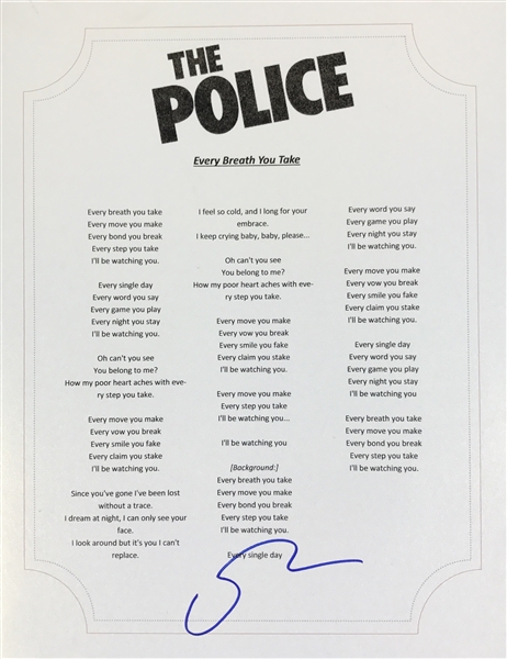 The Police: Sting Signed Lyrics Sheet for "Every Breath You Take" (Beckett/BAS Guaranteed)
