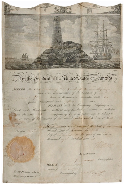 Thomas Jefferson & James Madison Dual Signed 1802 Ships Pass Document w/ Impressive Etching! (Beckett)