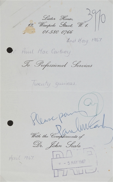 The Beatles Paul McCartney 1967 Signed & Inscribed "Please Pay" Receipt For Girlfriend Jane Asher! (PSA/DNA)