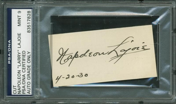 Napolean "Larry" Lajoie "4-20-30" Signed 1.5" x 3.25" Signature Cut - PSA/DNA Graded MINT 9!