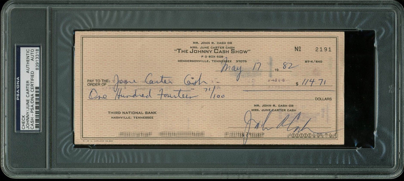 Johnny Cash Ultra-Rare Double Signed Bank Check Written To and Endorsed By June Carter Cash! (PSA/DNA Encapsulated)