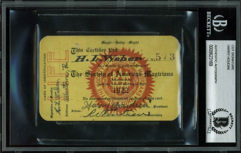 Harry Houdini Rare & Desirable Signed Society of Magicians Membership Card (BAS/Beckett Encapsulated)