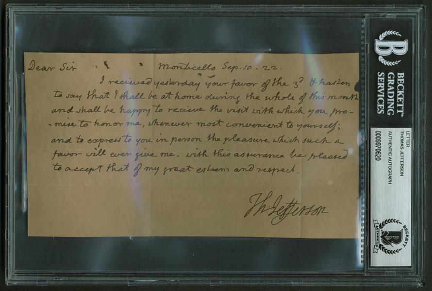 Thomas Jefferson Boldly Signed 7" x 5"Hand Written 1822 Letter Beckett Graded GEM MINT 10!
