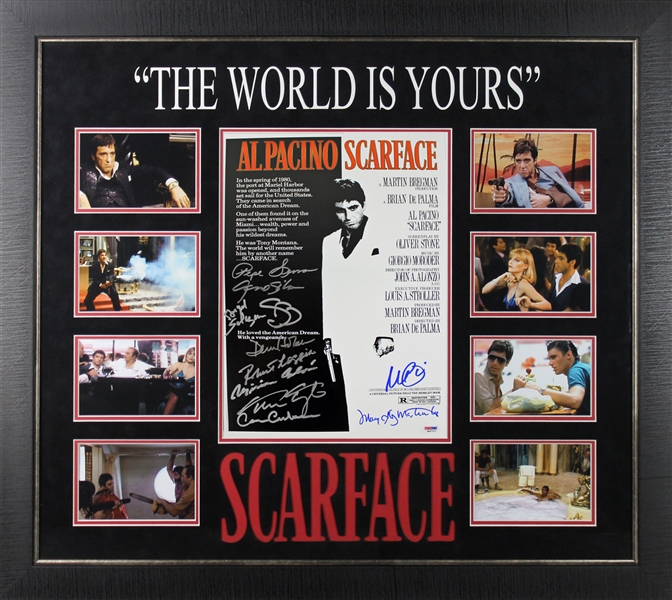 "Scarface" Phenomenal Cast Signed 11" x 17" Movie Poster with Pacino, Bauer, Loggia, etc. (11 Sigs) in Custom Framed Display (PSA/DNA)