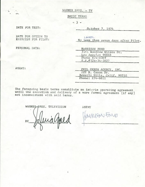 Harrison Ford Pre-Star Wars Signed 1974 "Search For The Gods" Contract (Beckett)