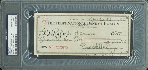 Ernest Hemingway Signed Bank Check (1956)(PSA/DNA Encapsulated)