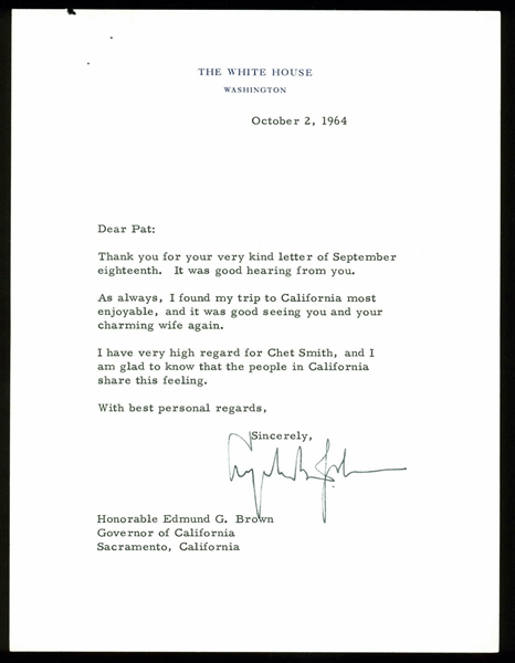 President Lyndon B. Johnson Signed 1964 Letter on White House Letterhead (BAS/Beckett)