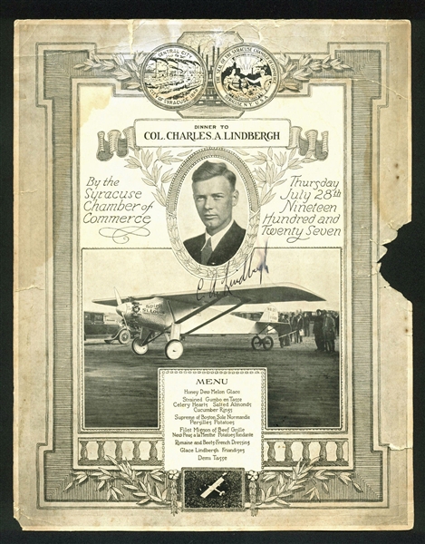 Charles Lindbergh Signed 1927 Syracuse Dinner Menu (BAS/Beckett)