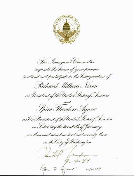 Richard Nixon & Spiro Agnew Dual Signed 1973 Presidential Inauguration Invitation (BAS/Beckett)