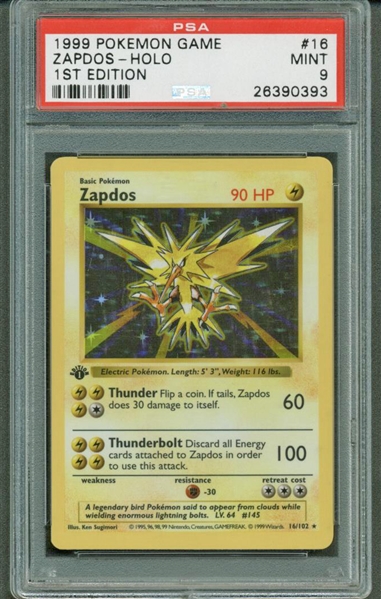 1999 Pokemon Zapdos #16 First Edition Trading Card PSA Graded MINT 9!