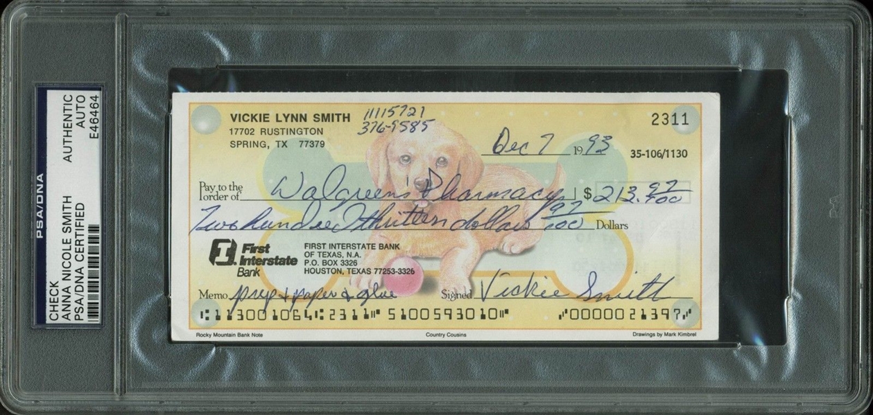 Anna Nicole Smith Signed Check with Early "Vickie Smith" Signature (1993)(PSA/DNA Encapsulated)