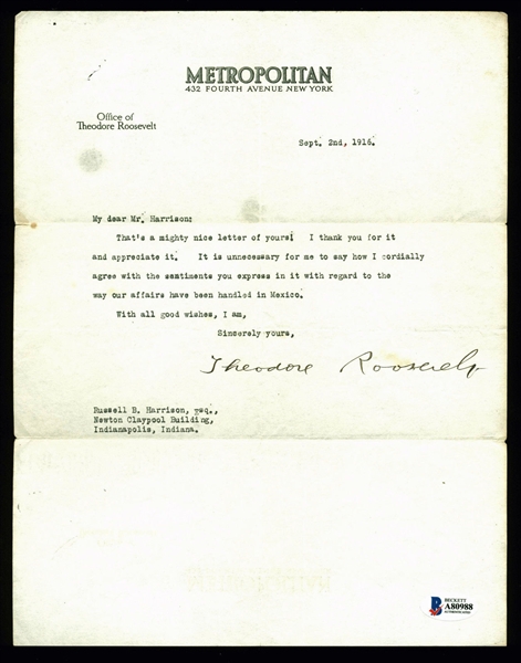 Theodore Roosevelt Typed & Signed 1916 Letter (BAS/Beckett)
