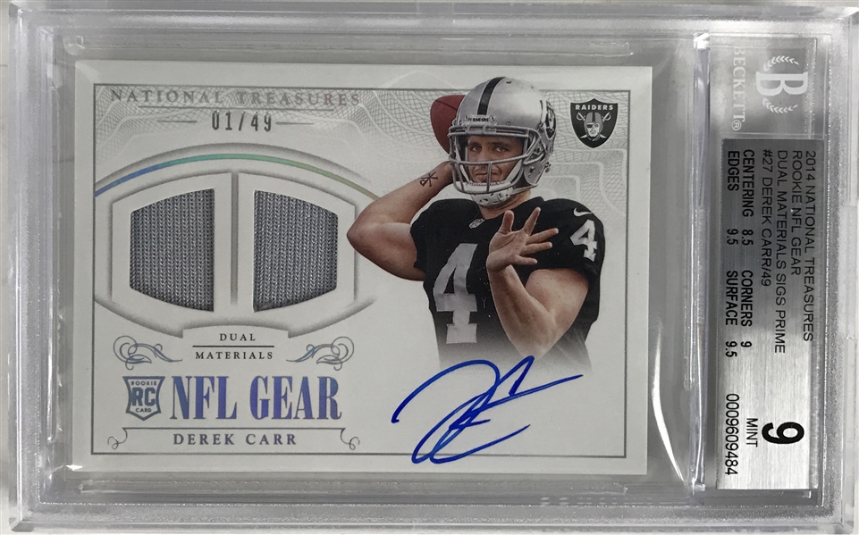 Derek Carr Signed 2014 National Treasures Rookie Gear #27 Card BGS 9 w/ 10 Auto!