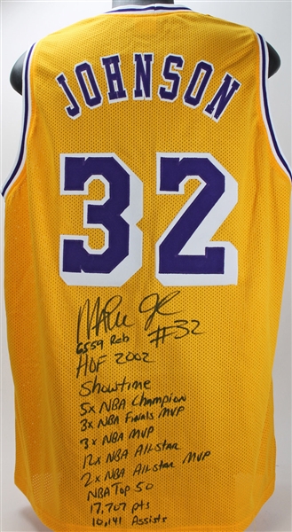 Unique Magic Johnson Signed & Inscribed Career Stat Jersey - 1 of 1! (PSA/DNA)