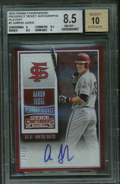 Aaron Judge Signed 2015 Panini Contenders Prospect Ticket LE (14/15) Rookie Card BGS 8.5 w/ 10 Auto!