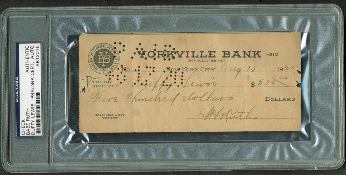 Red Sox Yankees Exchange: Babe Ruth Signed & Handwritten 1920 Bank Check To Teammate Duffy Lewis! (PSA/DNA Encapsulated)
