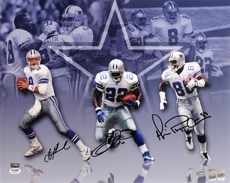 Cowboys Triplets: Emmitt Smith, Troy Aikman & Michael Irvin Signed 16" x 20" Photo Collage (PSA/DNA)