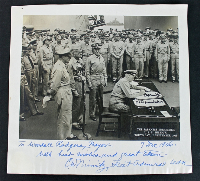 WWII: Chester Nimitz Rare Signed & Inscribed 9.75" x 10.25" Photograph at Japanese Surrender (PSA/DNA)