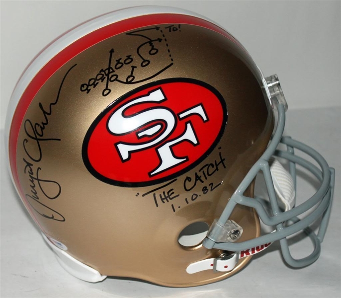Dwight Clark Signed & Inscribed "The Catch" Full-Sized Replica Helmet w/ Hand Drawn Play (PSA/DNA ITP)