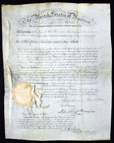 President Andrew Jackson Signed 1835 Patent Document (BAS/Beckett)
