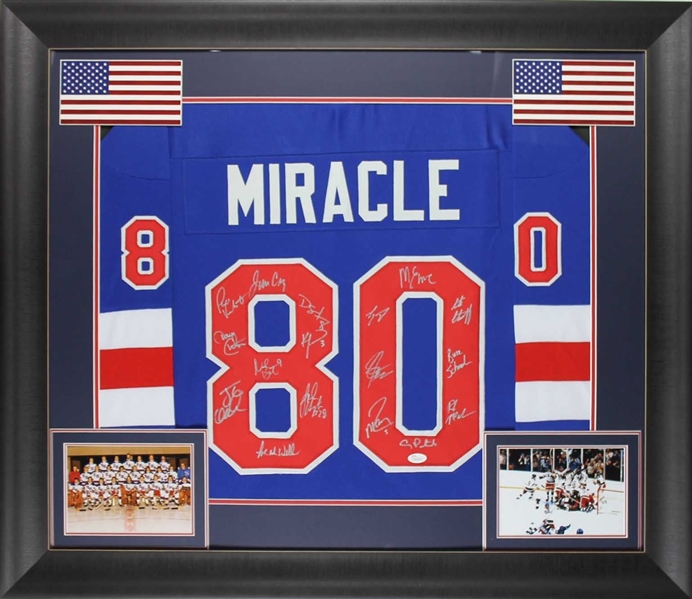 Miracle On Ice: 1980 US Mens Hockey Team-Signed Jersey in Custom Framed Display (JSA)