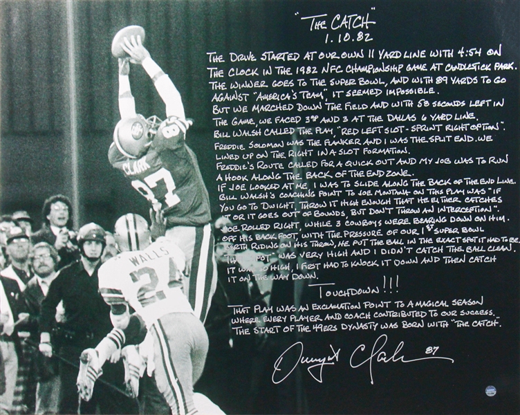 Dwight Clark Signed 16" x 20" "The Catch" Photograph w/ Handwritten Story! (Steiner)