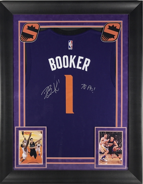 Devin Booker Signed Phoenix Suns Jersey Display with Rare "70 Pts!" Inscription & Exact Video Proof! (Beckett/BAS Guaranteed)
