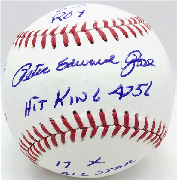 Pete Rose Near-Mint Signed & Inscribed Stat OML Baseball (JSA)