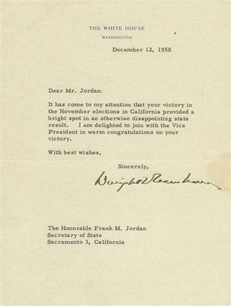 President Dwight Eisenhower Signed 1958 White House Letter (Beckett)