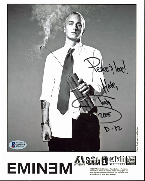 Eminem Signed 8" x 10" B&W Promotional Photograph w/ Unique Inscriptions (BAS/Beckett)