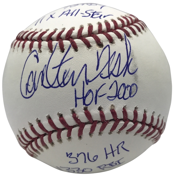 Carlton Fisk Signed & Inscribed OML Career Stat Baseball (JSA)