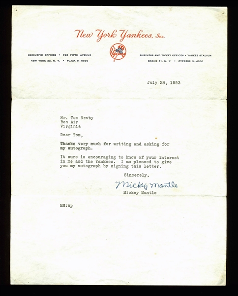 Mickey Mantle Typed & Hand-Signed 1953 Letter on Yankees Letterhead (BAS/Beckett)