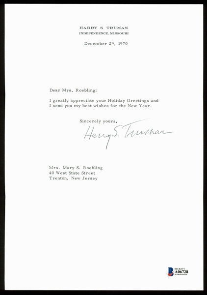 Harry Truman Signed 1970 Letter on Personal Letterhead (BAS/Beckett)