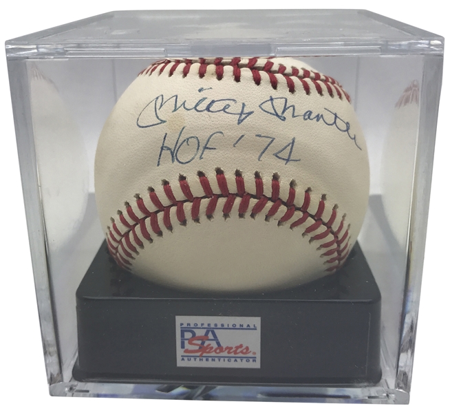 Mickey Mantle Signed & Inscribed "HOF 74" OAL Baseball PSA/DNA Graded 7.5!