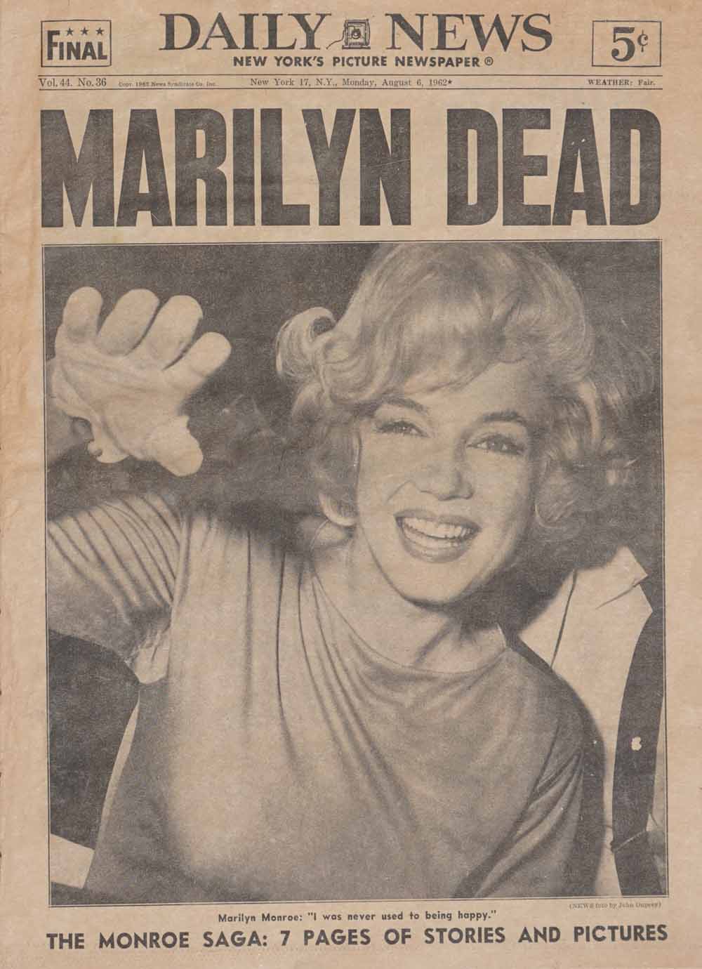 Lot Detail - Original 1962 Newspaper Headlining Marilyn Monroe's Death