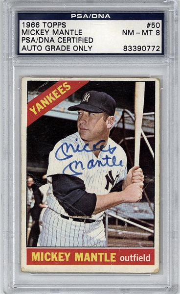 Mickey Mantle Signed 1966 Topps Baseball Card #50 (PSA/DNA Graded NM-MT 8)
