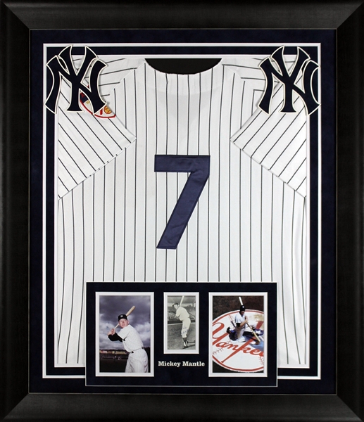 Mickey Mantle Signed 3" x 5" Photograph in Framed Jersey Display (BAS/Beckett)