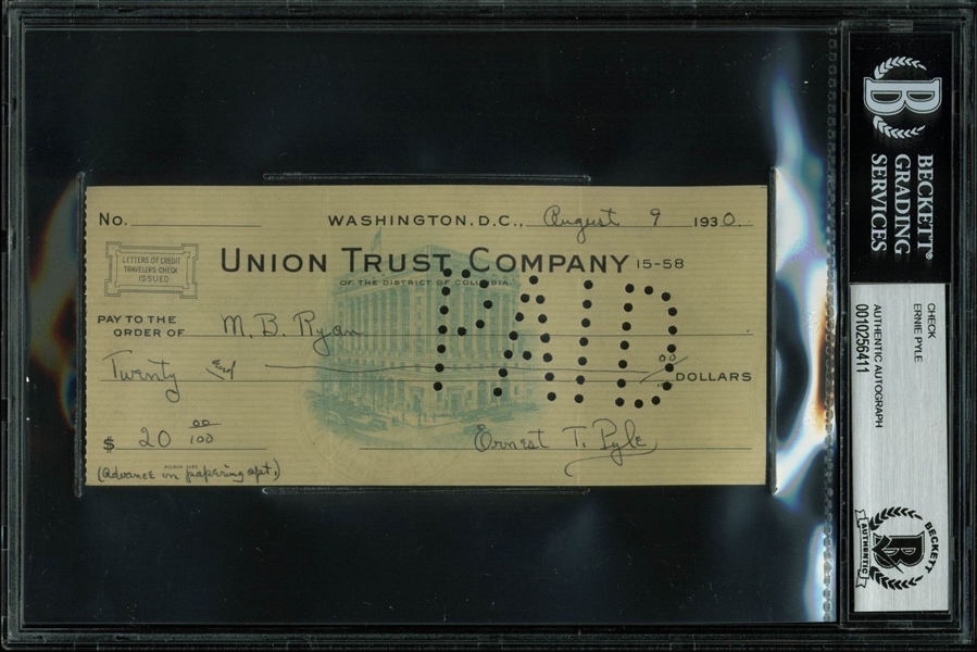 Pulitzer Prize: Ernie Pyle Signed 1930 Bank Check (BAS/Beckett Encapsulated)