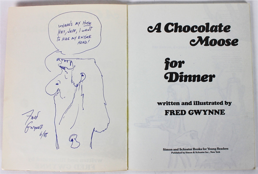 The Munsters: Fred Gwynne Signed "A Chocolate Moose For Dinner" Book w/RARE Hand-Drawn Herman Munster Sketch (BAS/Beckett)