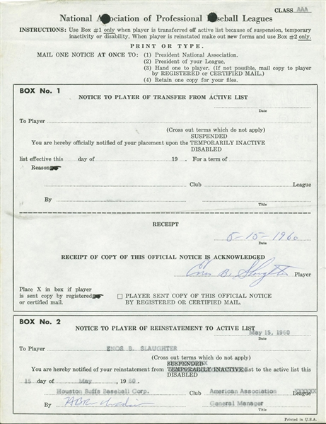 Enos Slaughter Signed 1960 Minor League Suspension/Inactive Contract (Beckett/BAS Guaranteed)