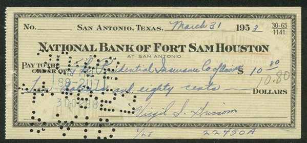 Gus Grissom Rare Signed 1953 Personal Bank Check (Beckett/BAS Guaranteed)