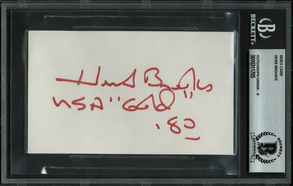 Herb Brooks Near-Mint Signed & Inscribed "1980 Gold" 3" x 5" Index Card (BAS/Beckett Graded MINT 9)